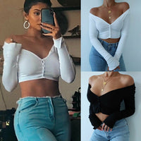 Button Crop Top Ladies V-Neck Off Shoulder Cardigan (Free Shipping)