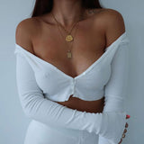 Button Crop Top Ladies V-Neck Off Shoulder Cardigan (Free Shipping)